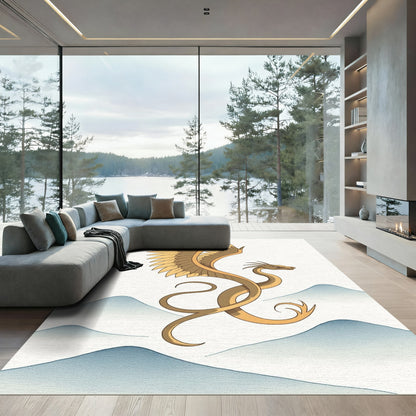 Golden Dragon Above Misty Blue Mountains Rug