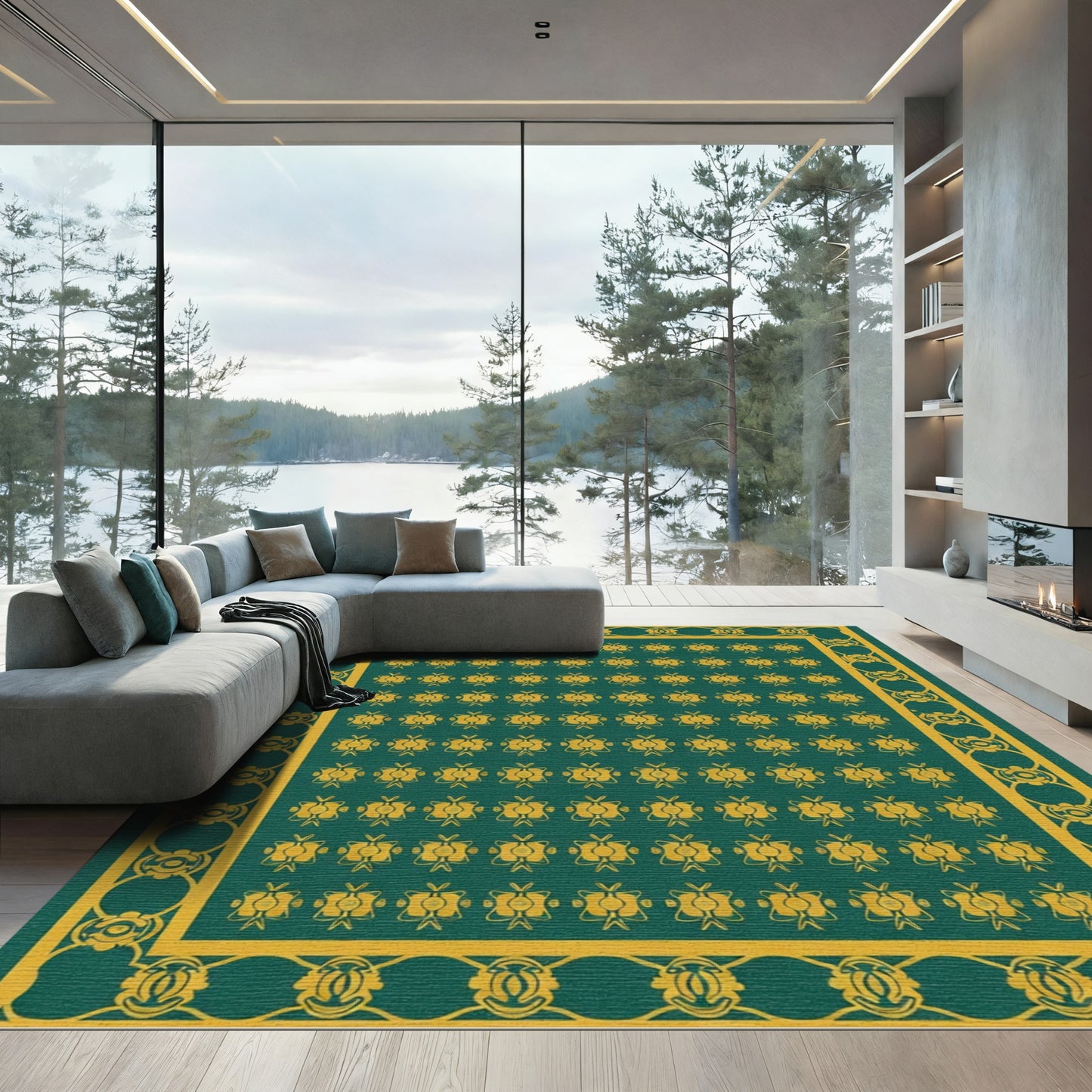 Gold Emerald Repeating Floral Border Rug