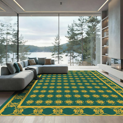 Gold Emerald Repeating Floral Border Rug