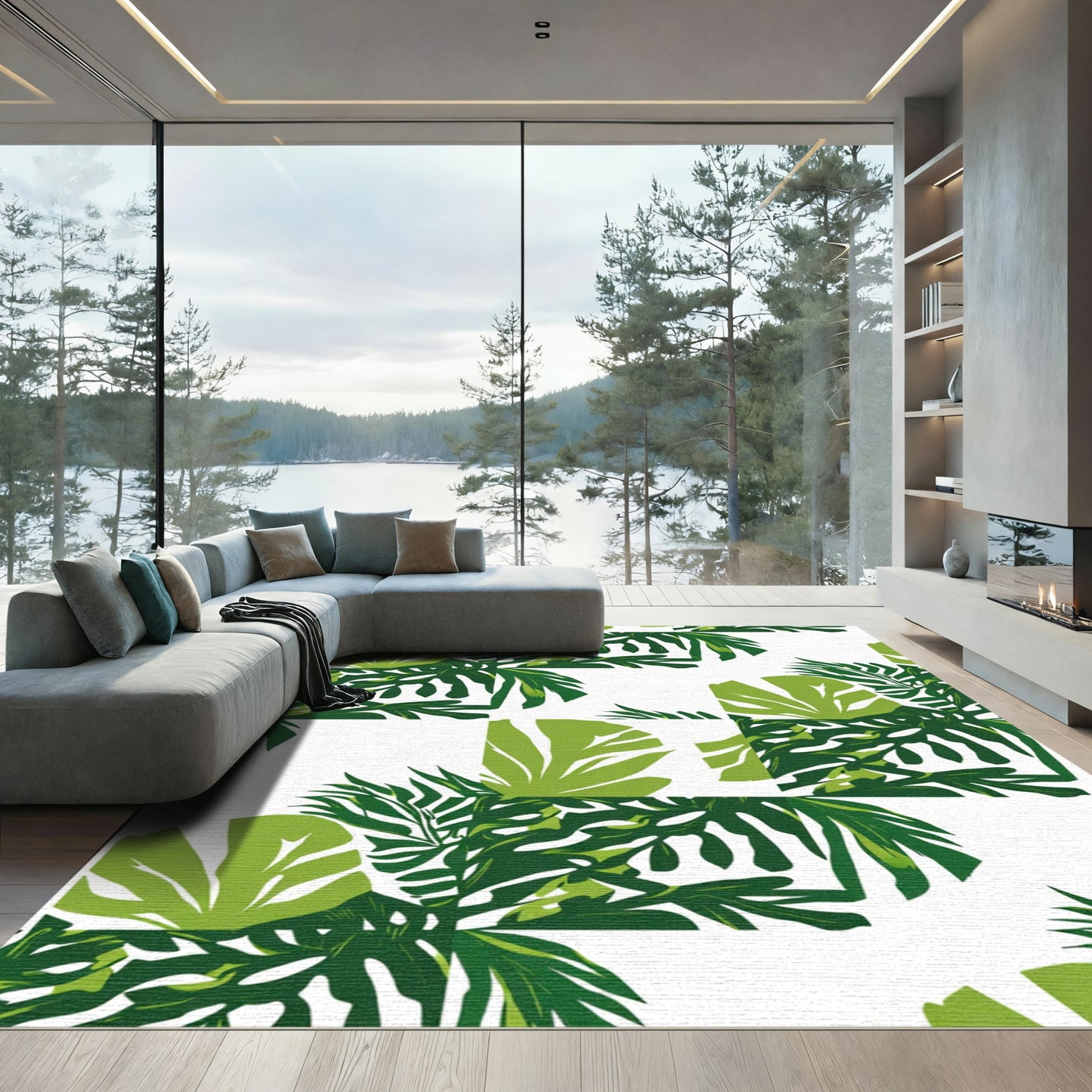 Lush Green Tropical Leaf Collage Rug