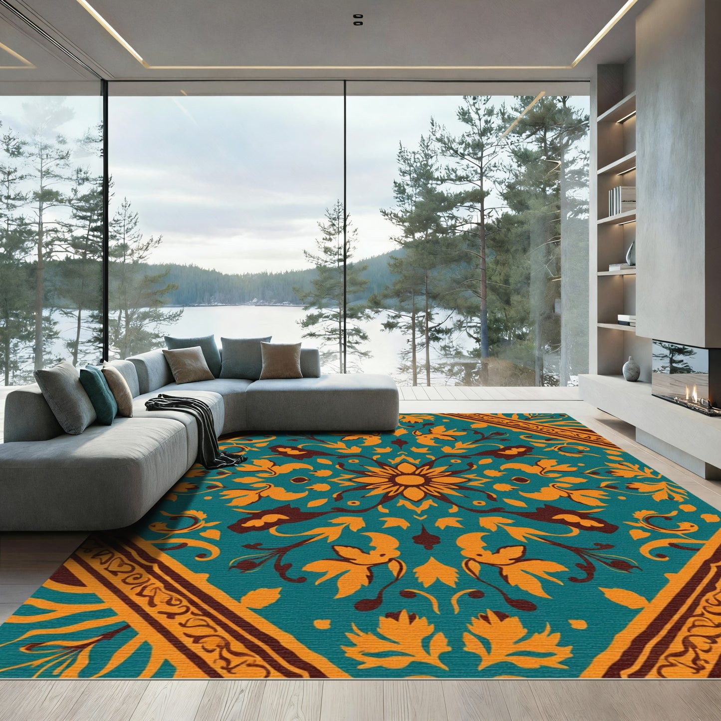 Amber Teal Floral Medallion Brocade Rug