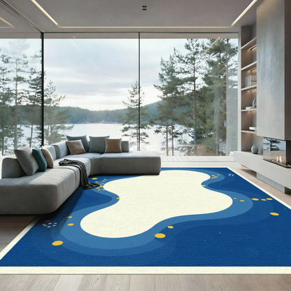 Deep Blue Wavy Gold Dot Abstract Rug