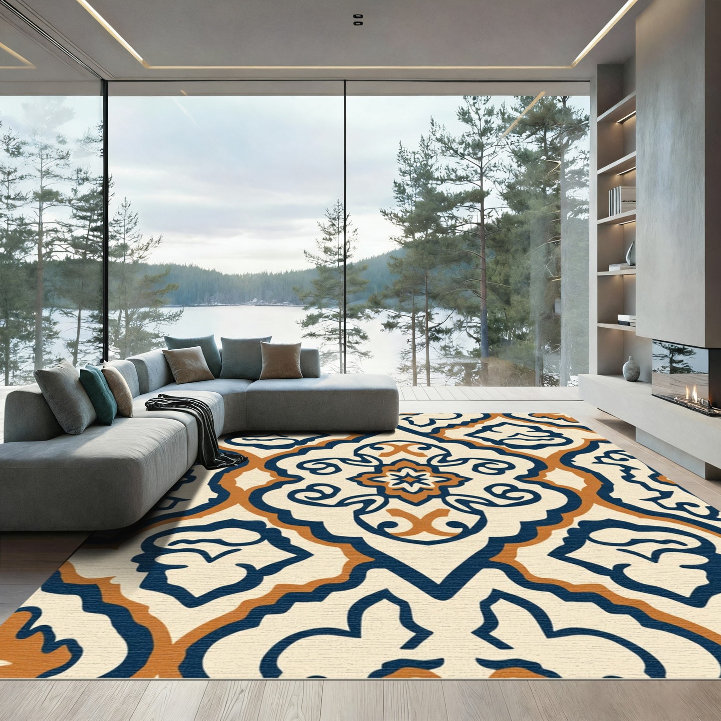 Navy Orange Cream Arabesque Medallion Rug