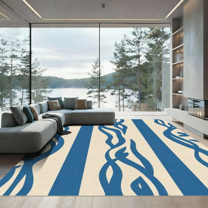 Blue Abstract Stripe Botanical Rug