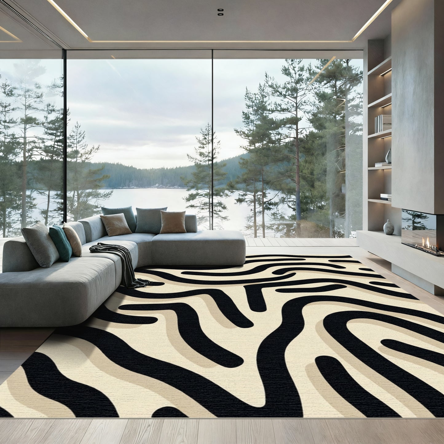 Black cream wavy organic lines Rug