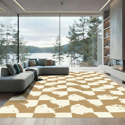 Tan White Brushstroke Checkered Rug