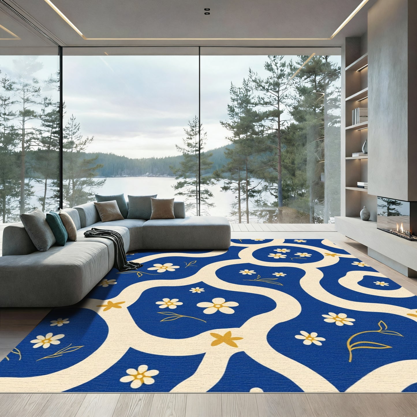 Retro Blue Cream Floral Waves Rug