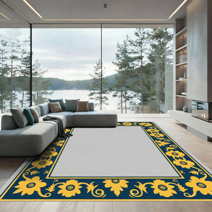 Navy Yellow Floral Vine Border Rug