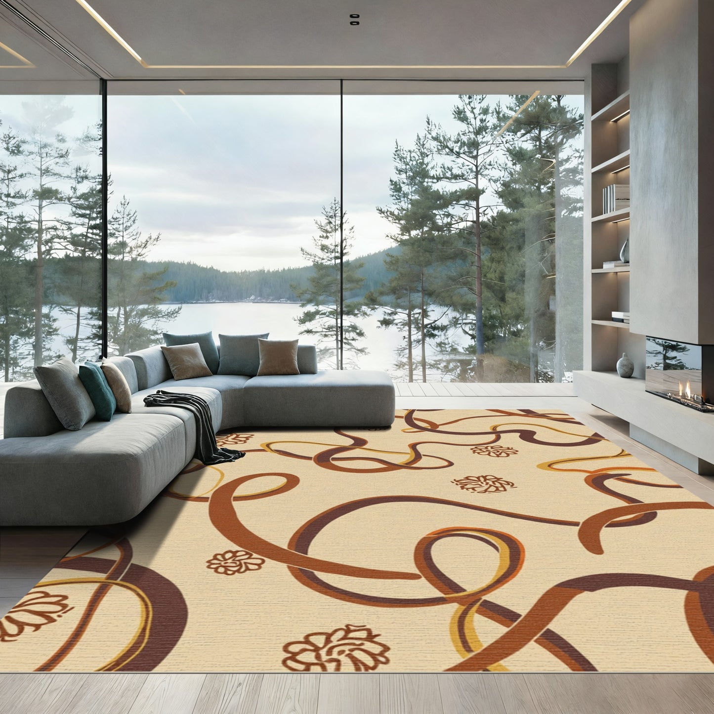 Brown Swirls Floral Abstract Rug