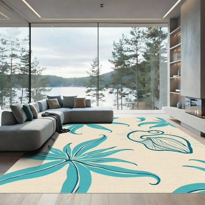 Teal Tropical Leaf Swirl Rug