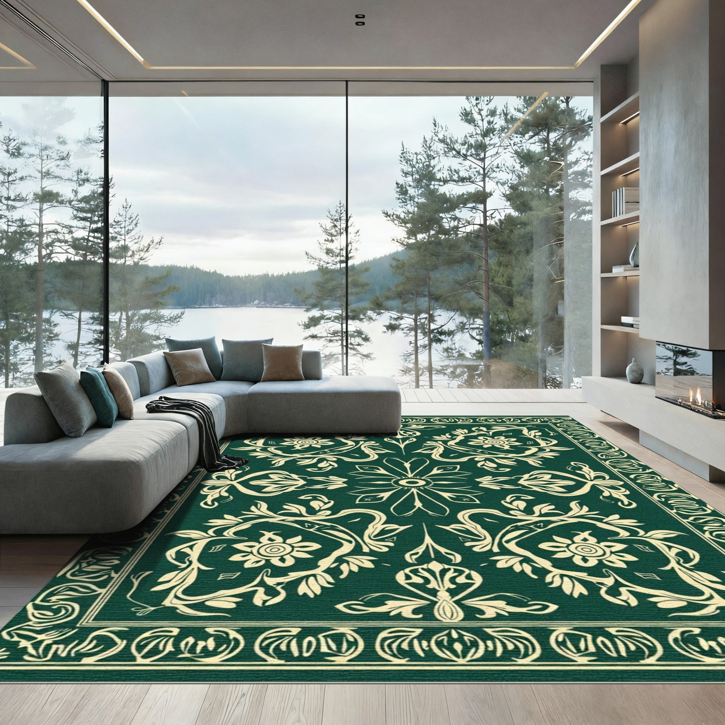 Emerald Ivory Floral Damask Scroll Rug