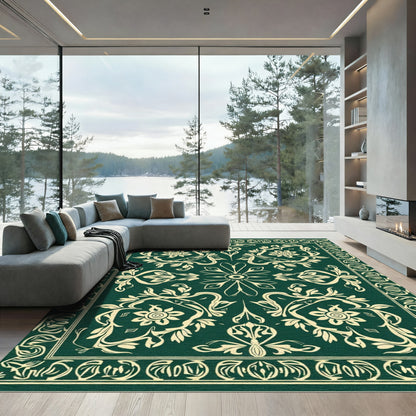 Emerald Ivory Floral Damask Scroll Rug