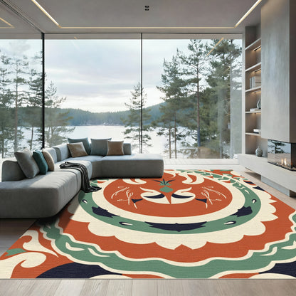 Terracotta Green Cream Folk Round Rug