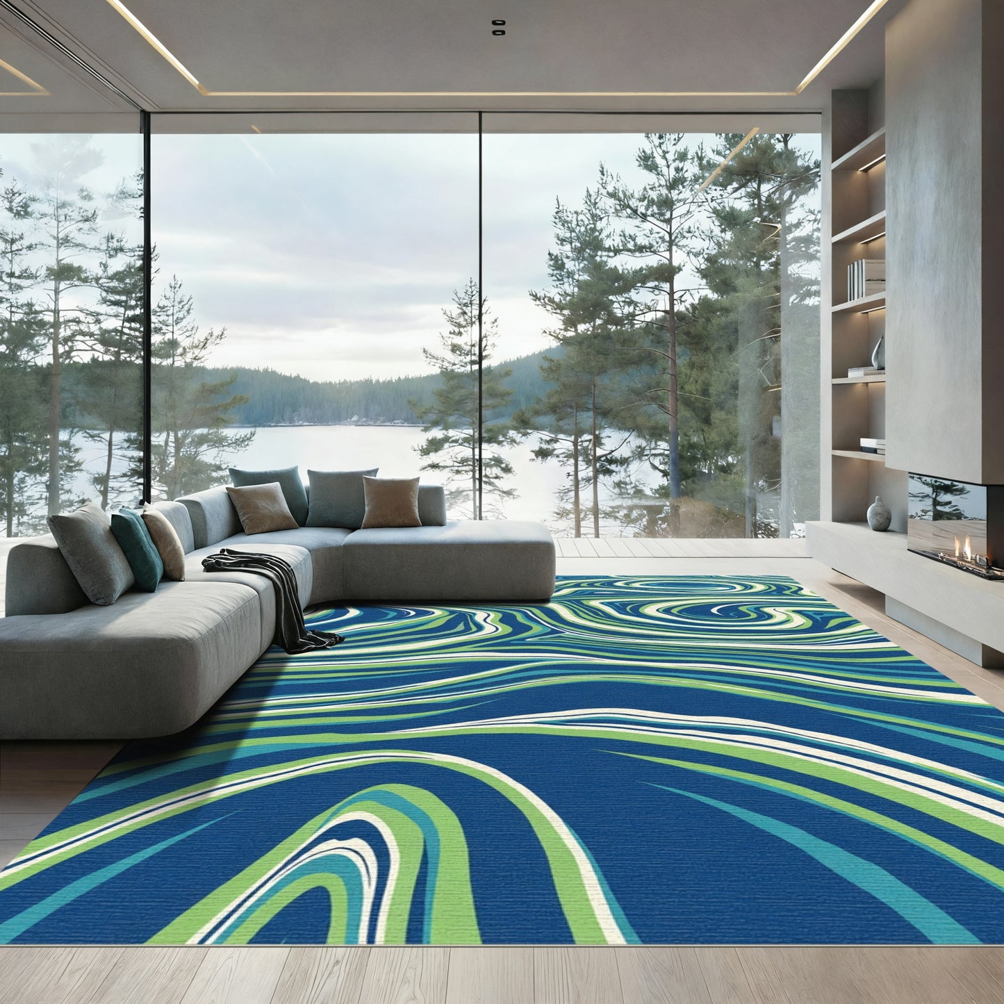 Cobalt Green Swirling Marble Waves Rug