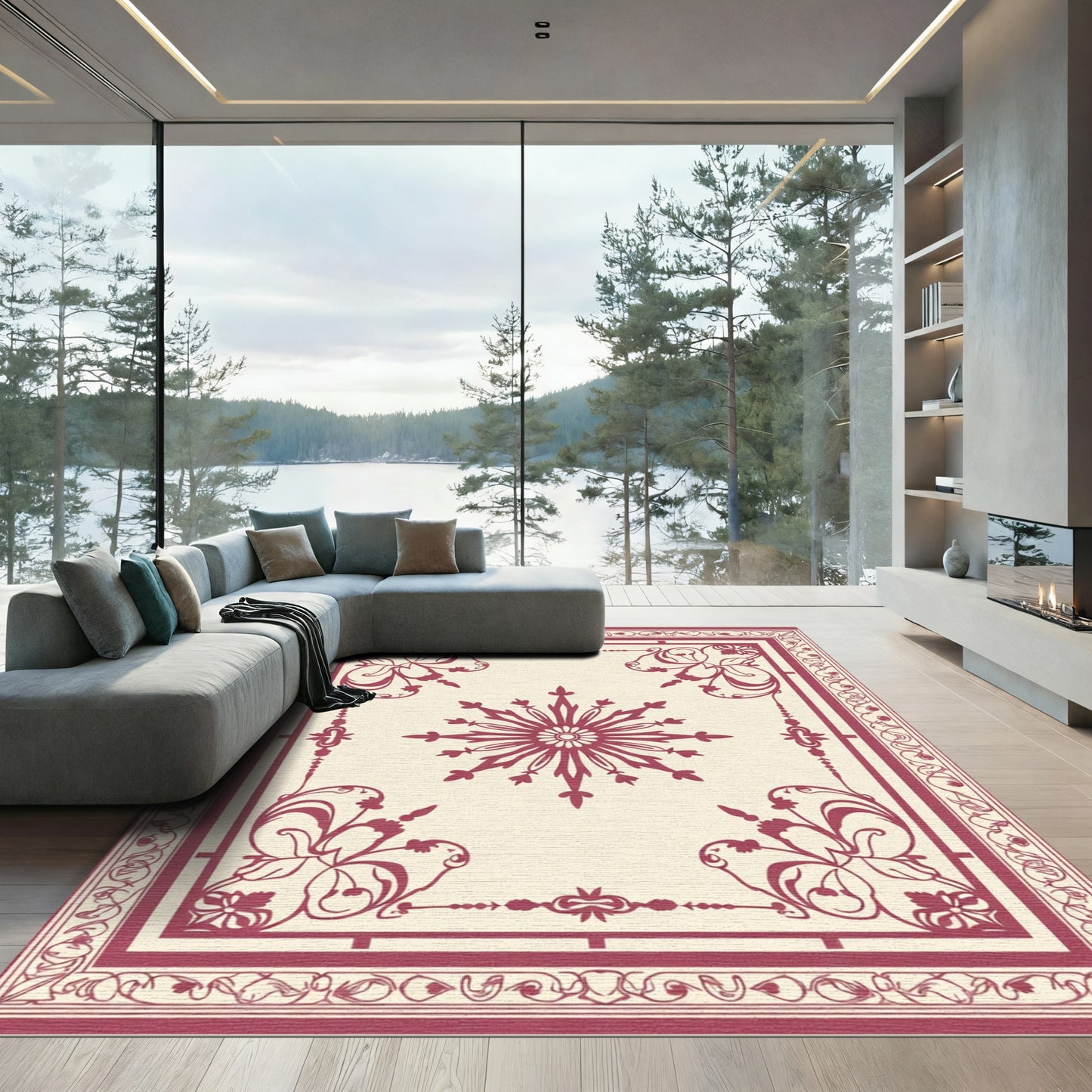 Crimson Floral Sunburst Border Design Rug