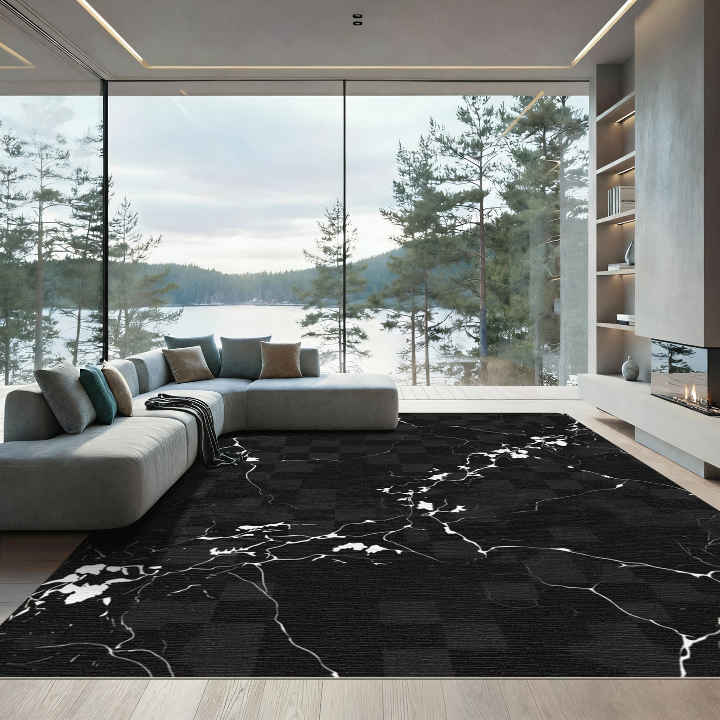 Black White Cracked Marble Checkerboard Rug