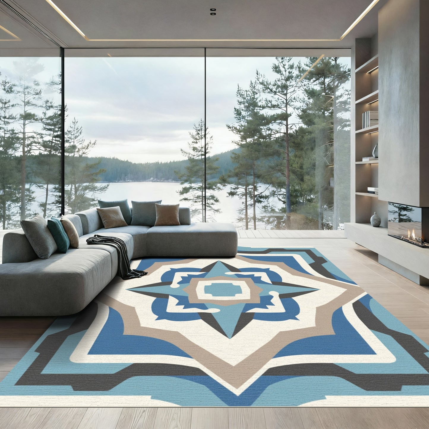 Blue Taupe Geometric Starburst Rug