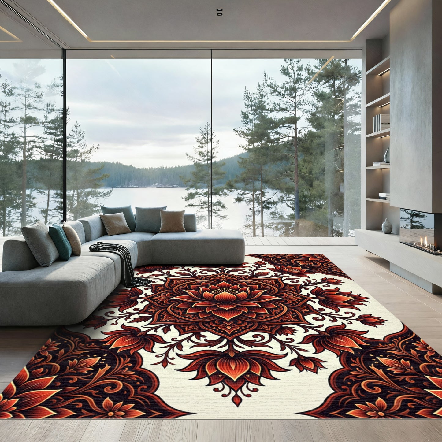 Fiery Red Lotus Mandala Rug