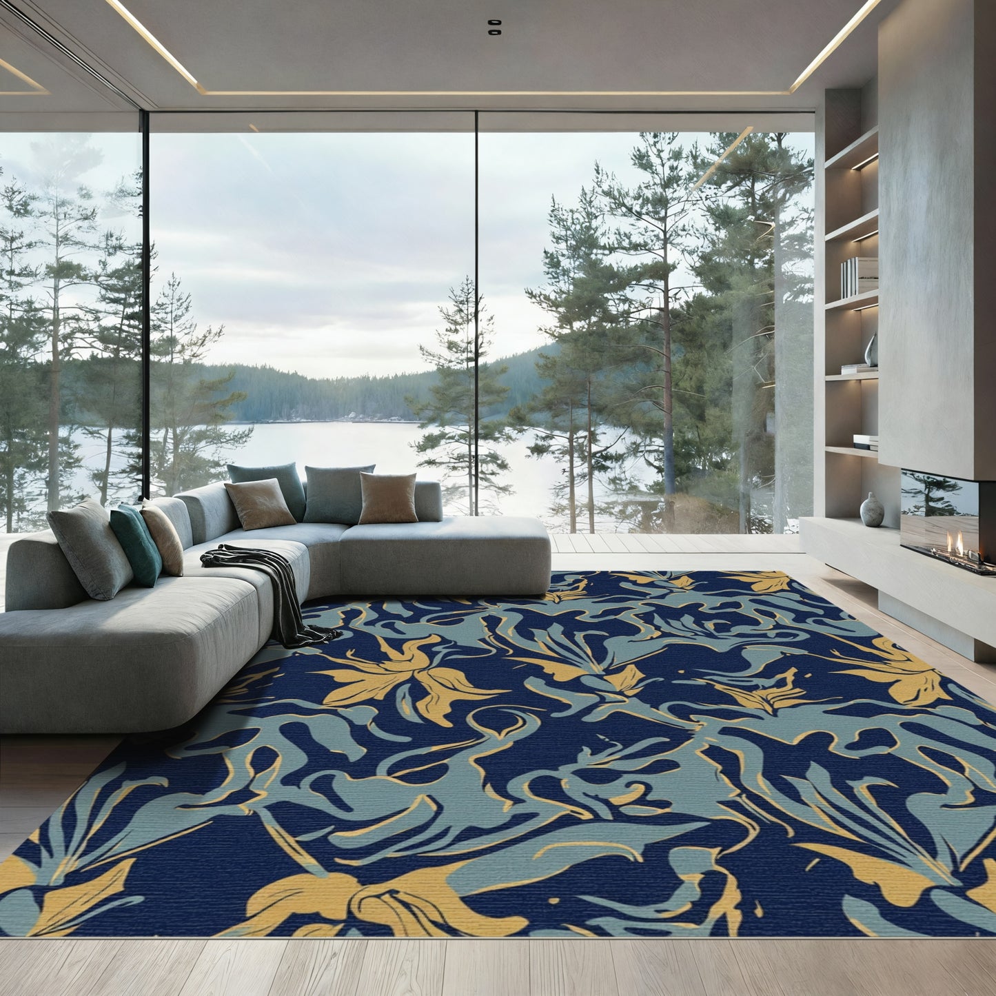 Navy Golden Teal Abstract Floral Swirl Rug