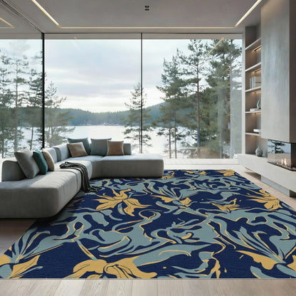 Navy Golden Teal Abstract Floral Swirl Rug