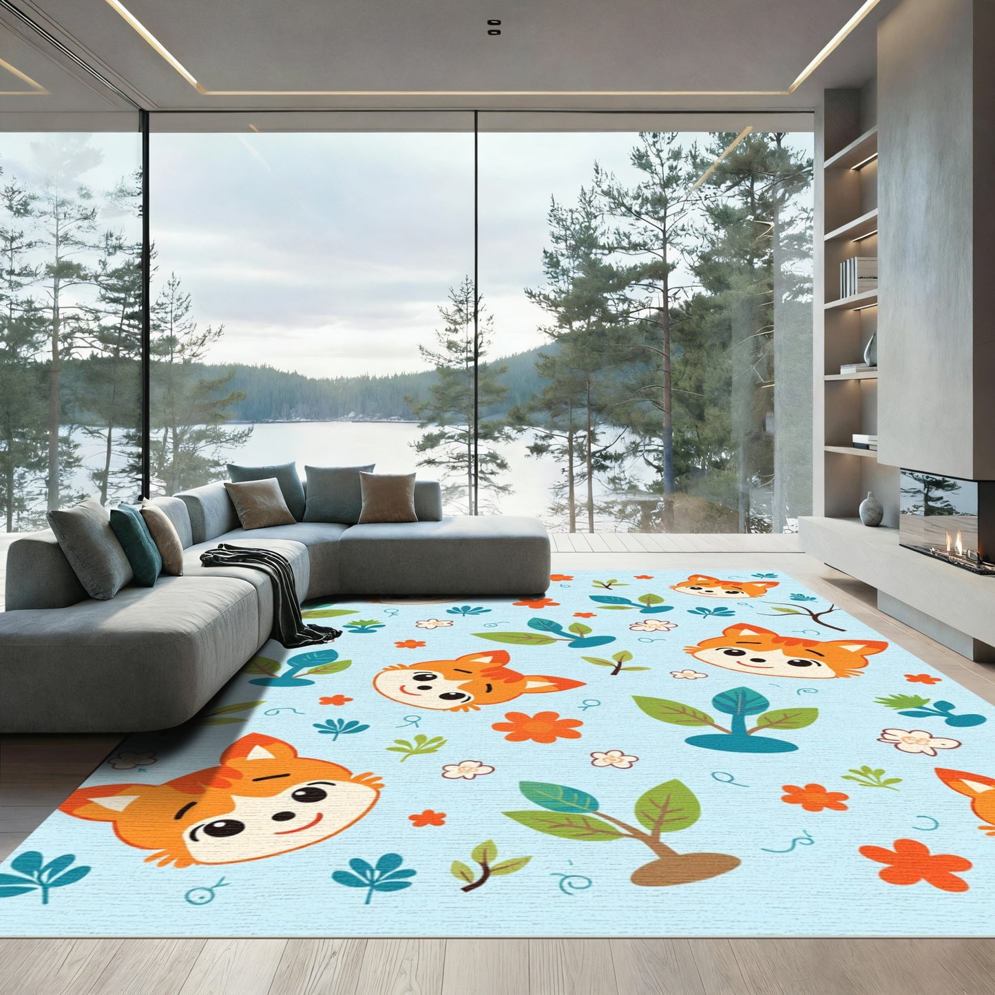 Cute Orange Fox Heads and Flowers Rug