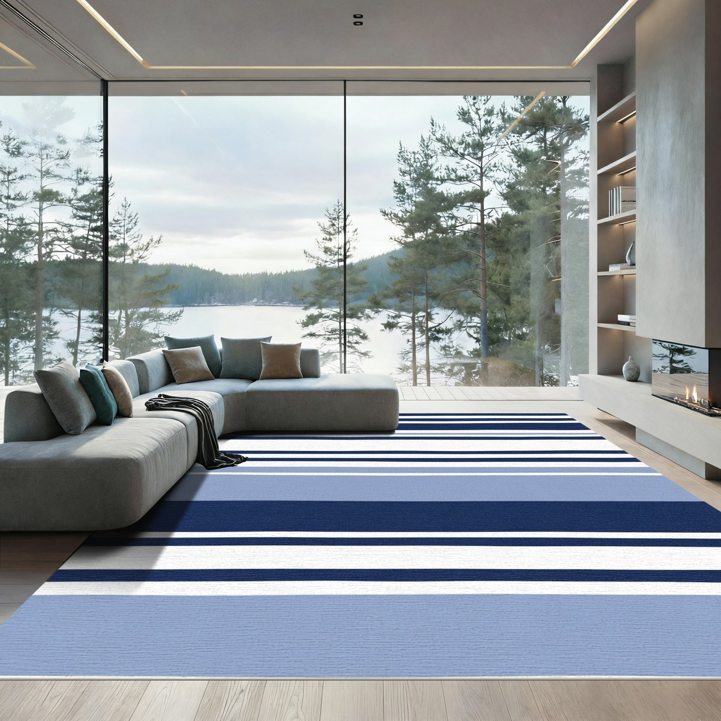 Navy Blue Modern Stripe Rug