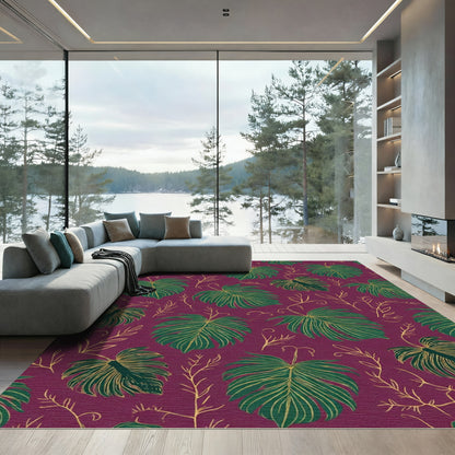 Deep Plum Monstera Leaf Pattern Rug