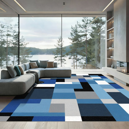 Cool Blue Gray Geometric Blocks Rug