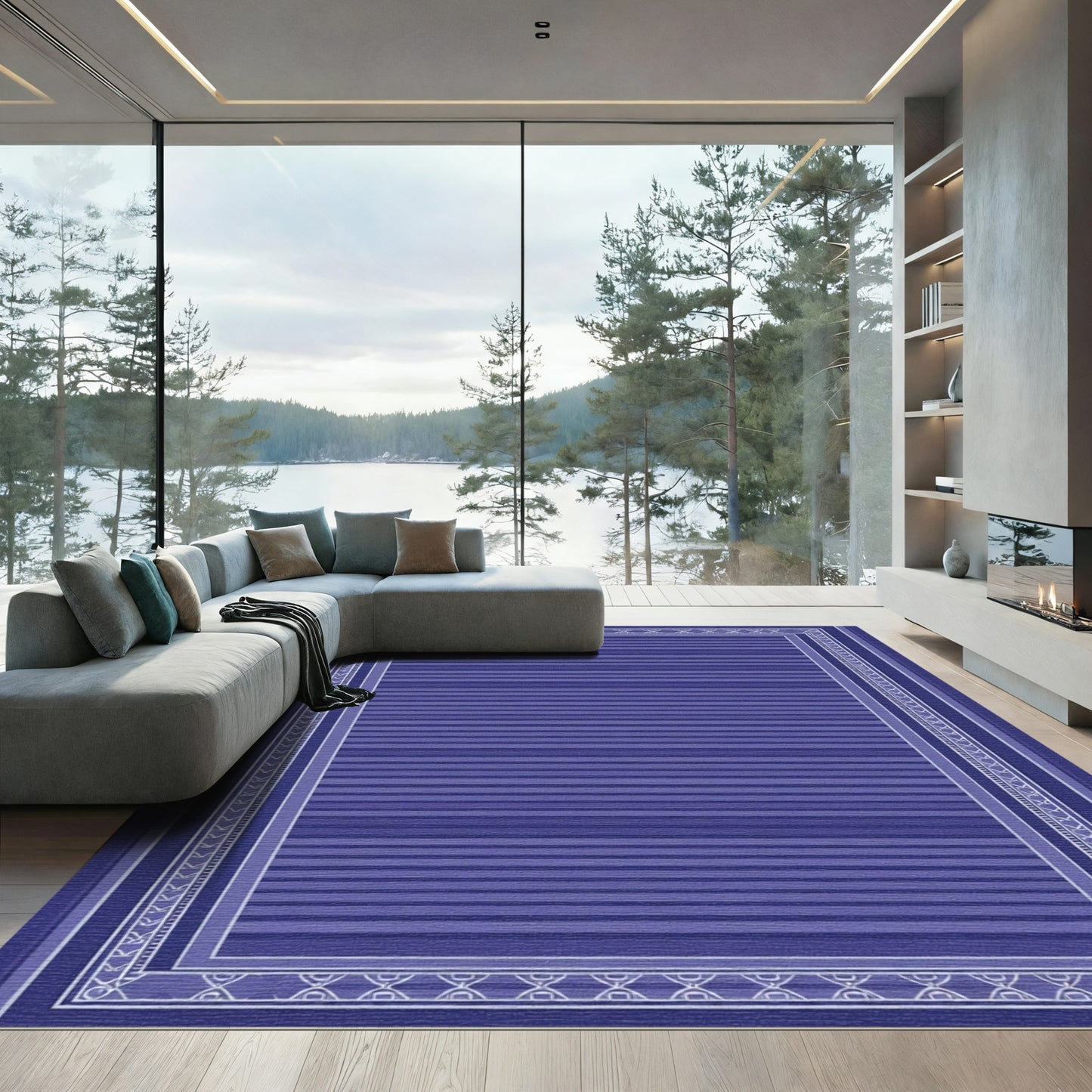 Deep Blue Striped Rectangular Border Rug
