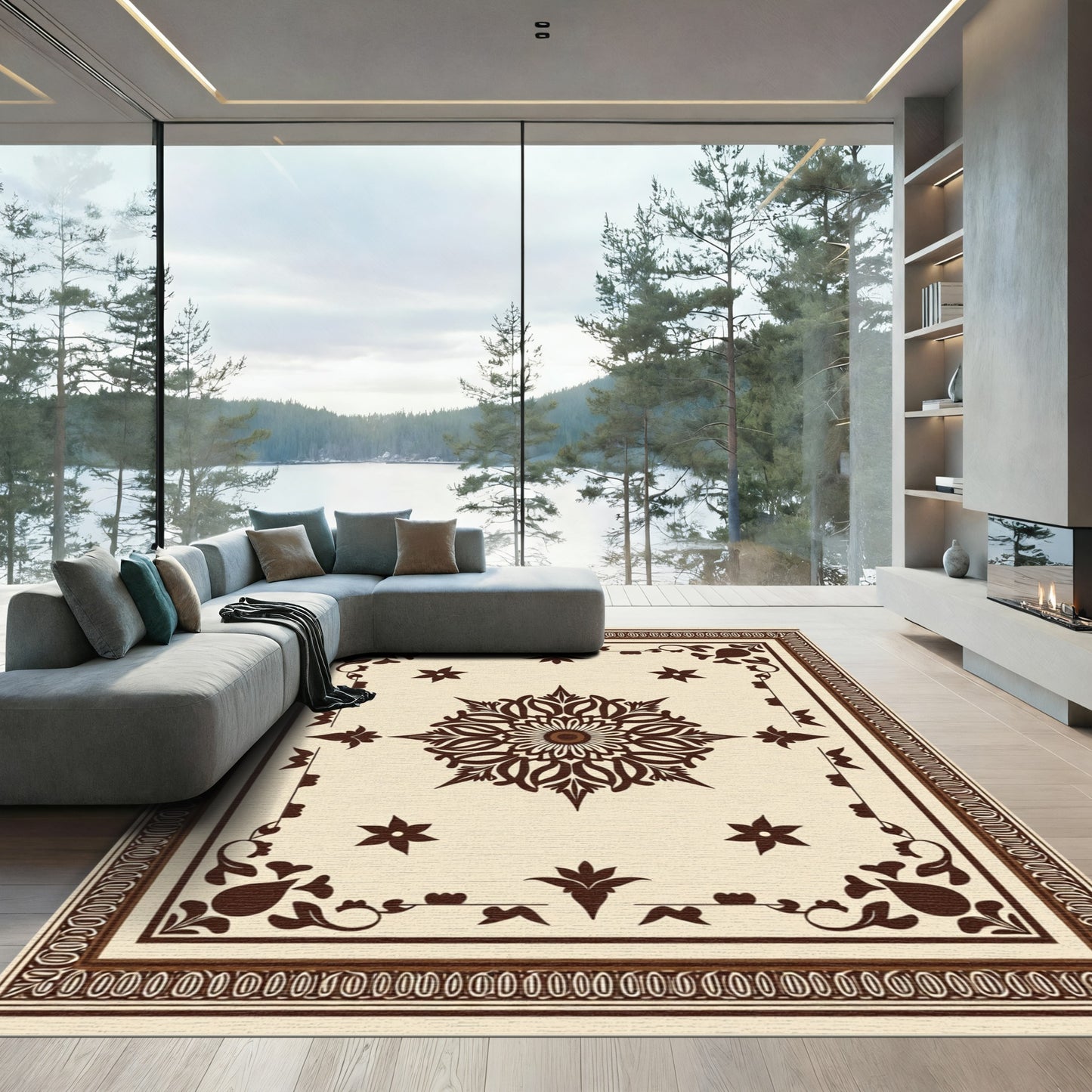 Cream Brown Ornamental Floral Medallion Rug
