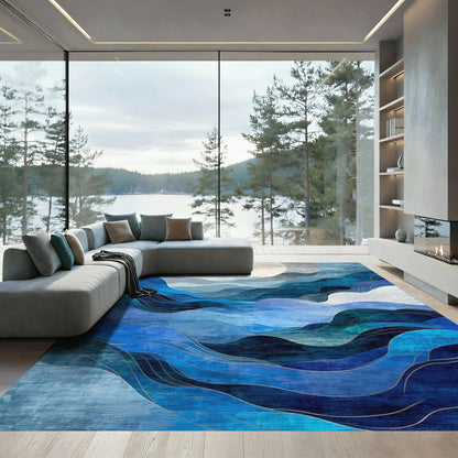 Abstract Layered Blue Waves Rug
