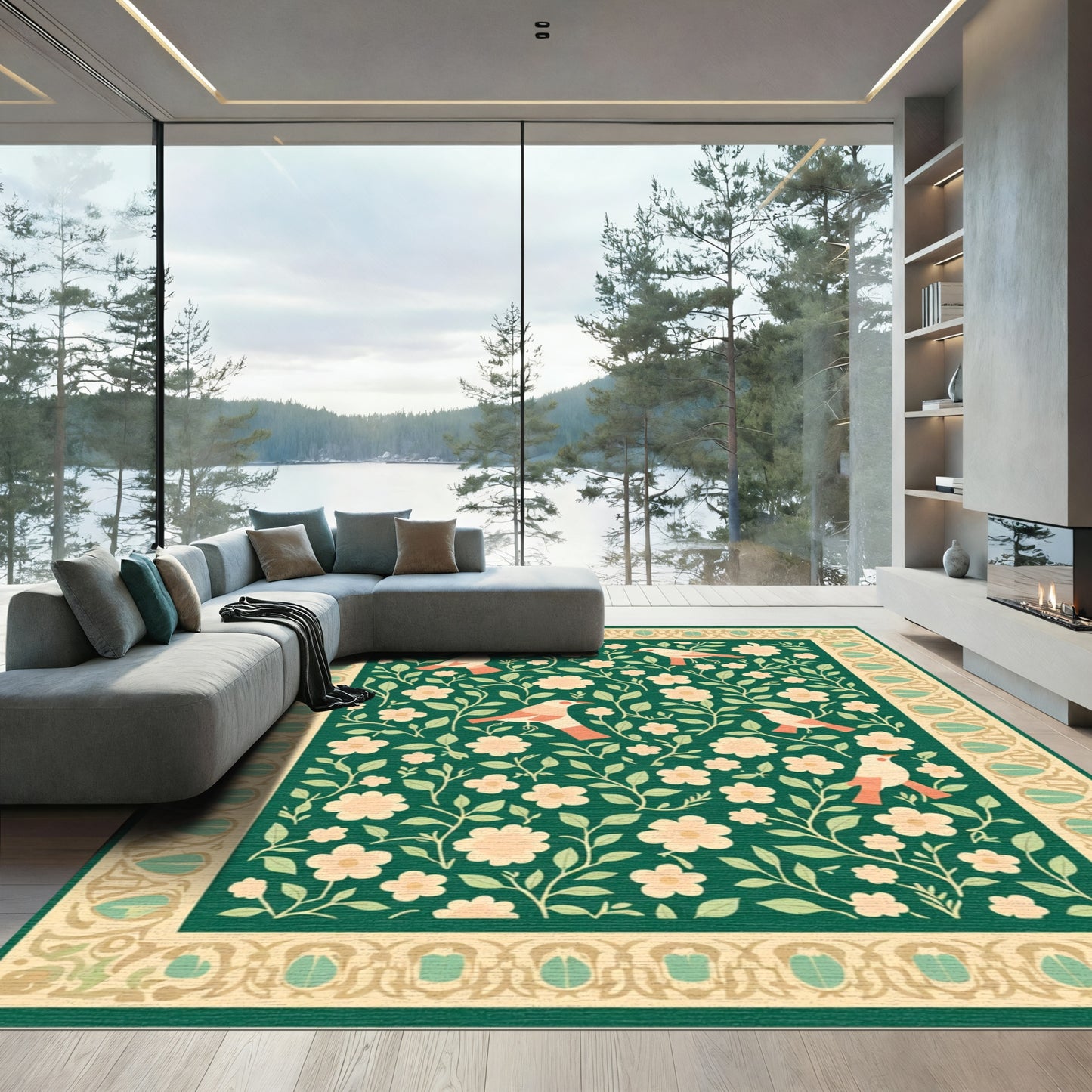 Emerald Green Floral Bird Border Rug