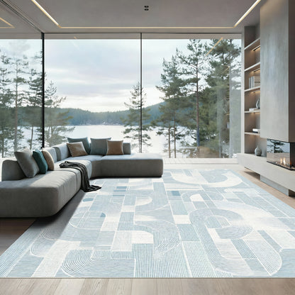 Soft Blue Abstract Geometric Waves Rug
