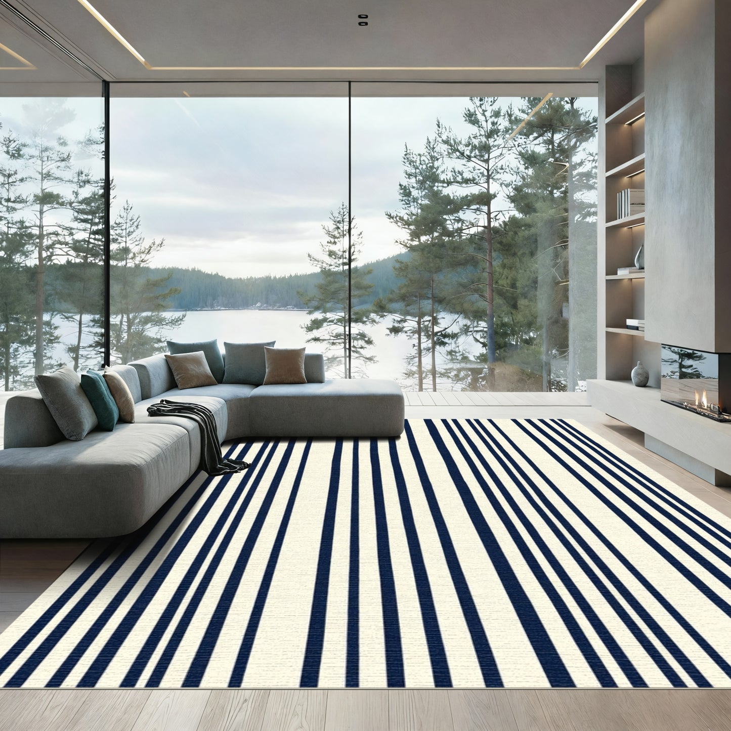 Navy Cream Vertical Stripe Accent Rug
