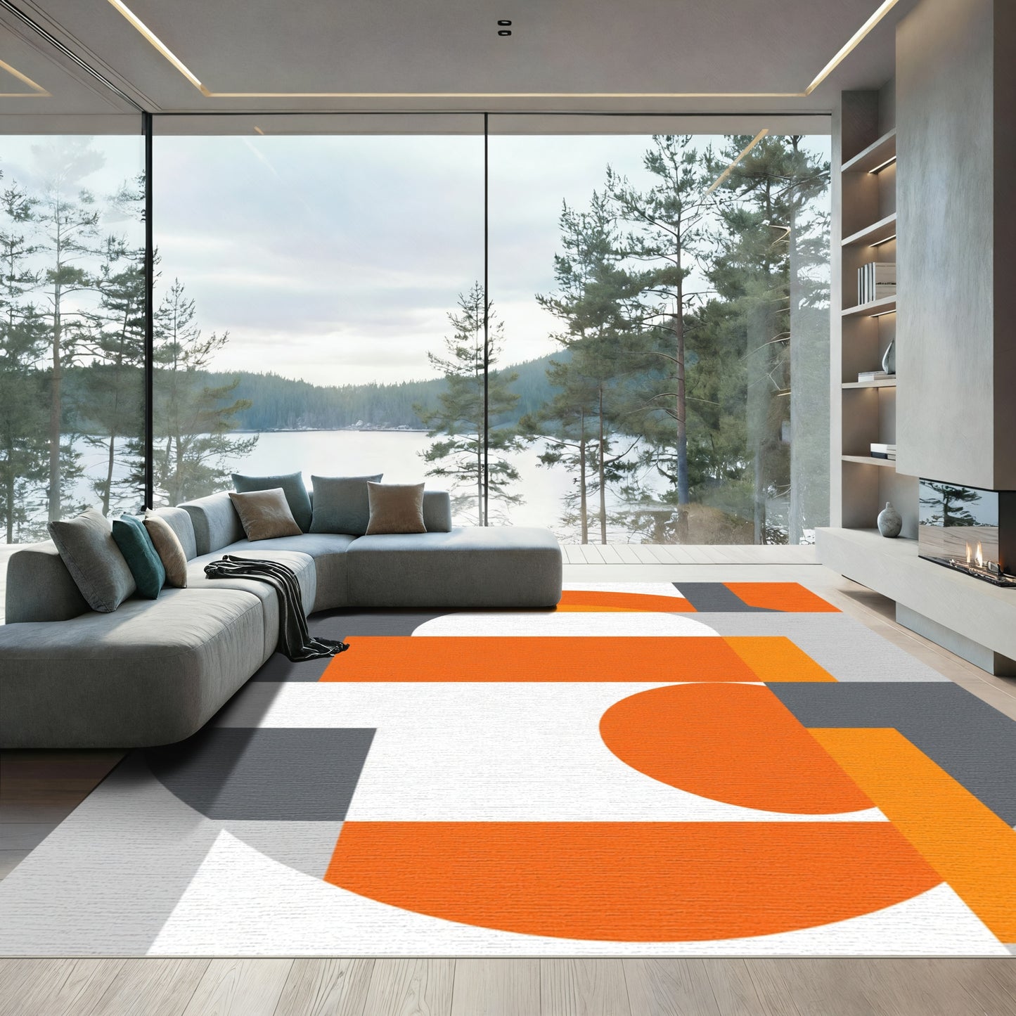 Modern Orange and Gray Geometric Shapes Rug