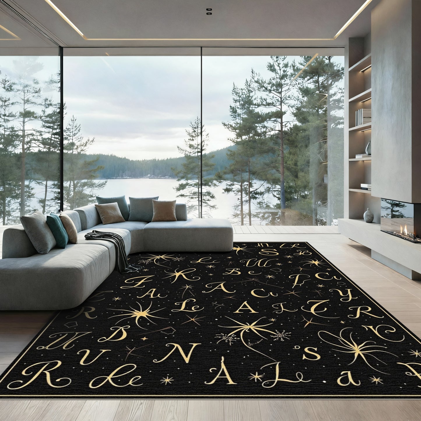 Golden Celestial Alphabet Black Rug