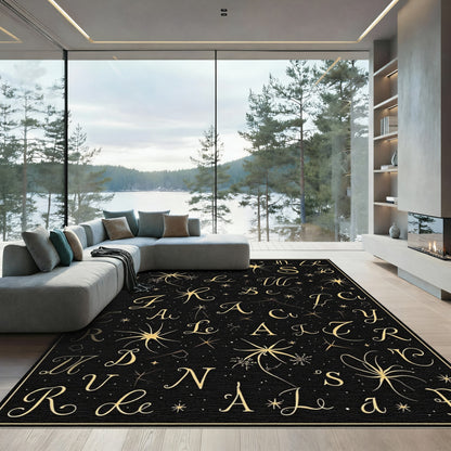 Golden Celestial Alphabet Black Rug
