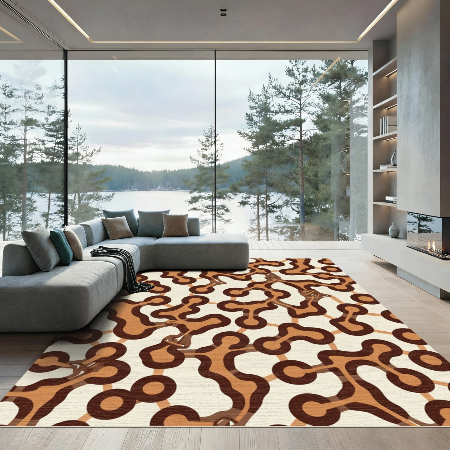 Organic Brown and Cream Interconnected Forms Rug