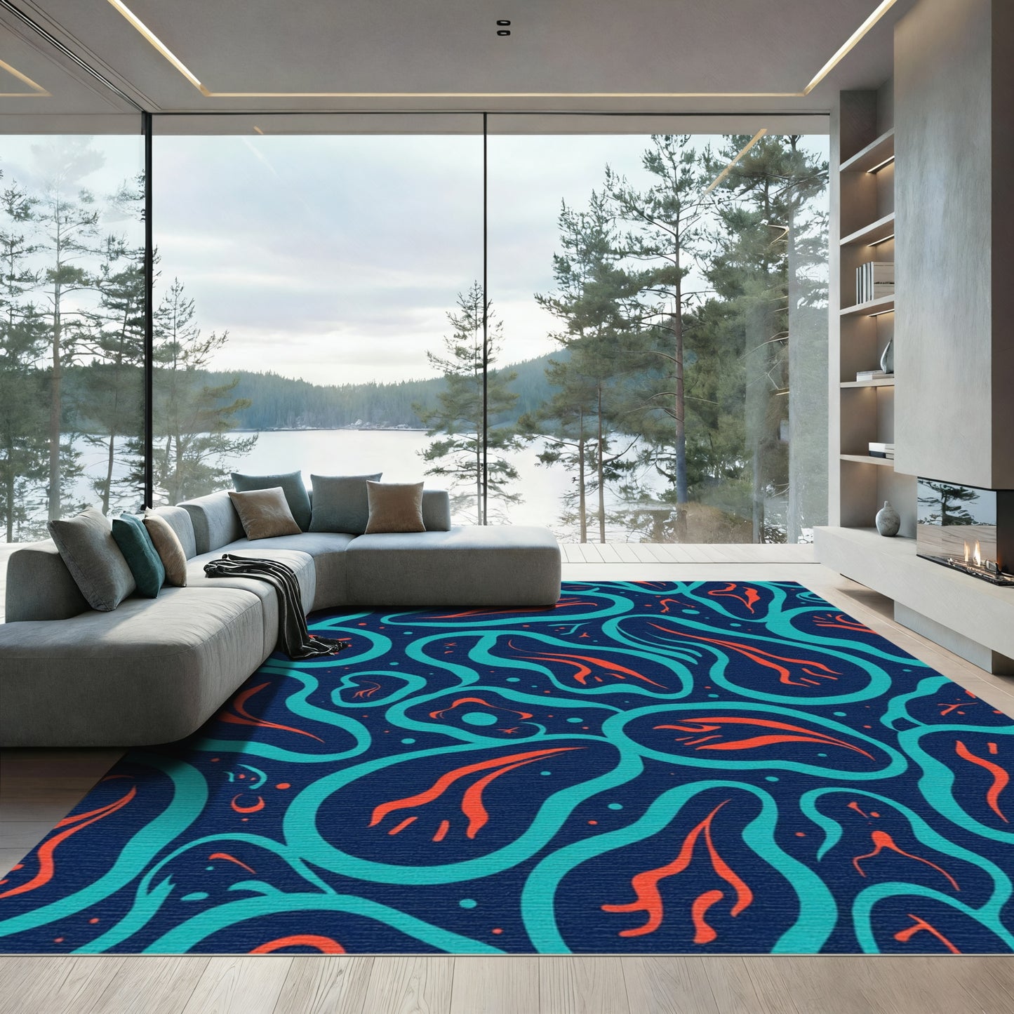 Abstract Teal Orange Organic Flow Rug