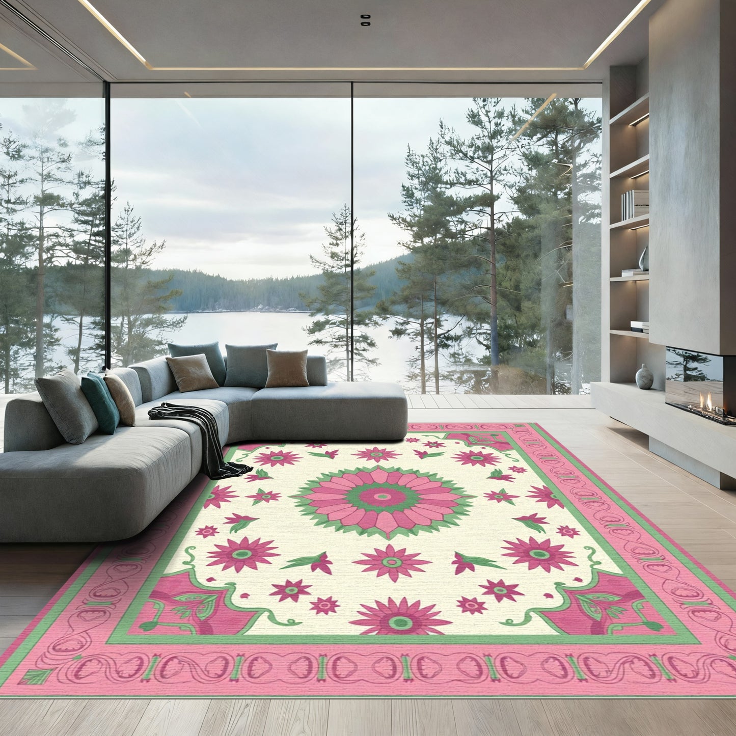 Pink Green Floral Medallion Garden Rug