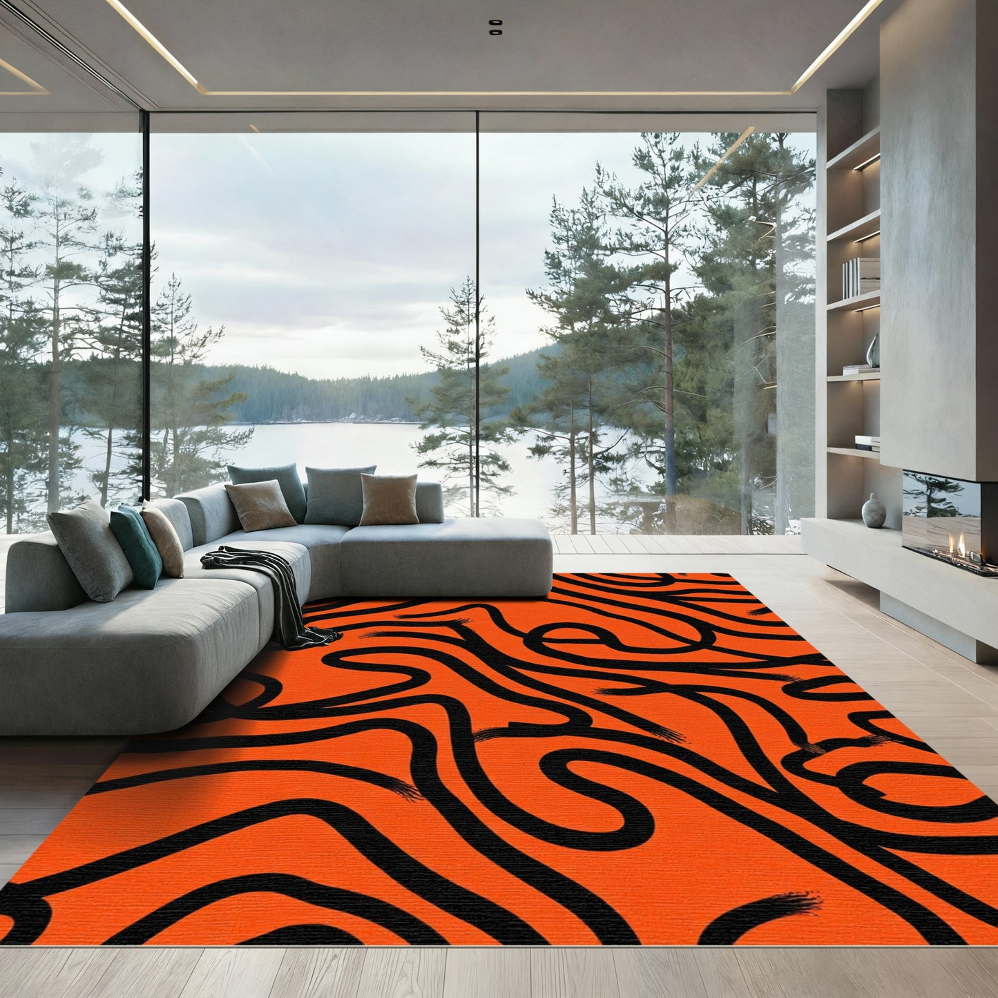 Bold Orange Black Wavy Lines Rug
