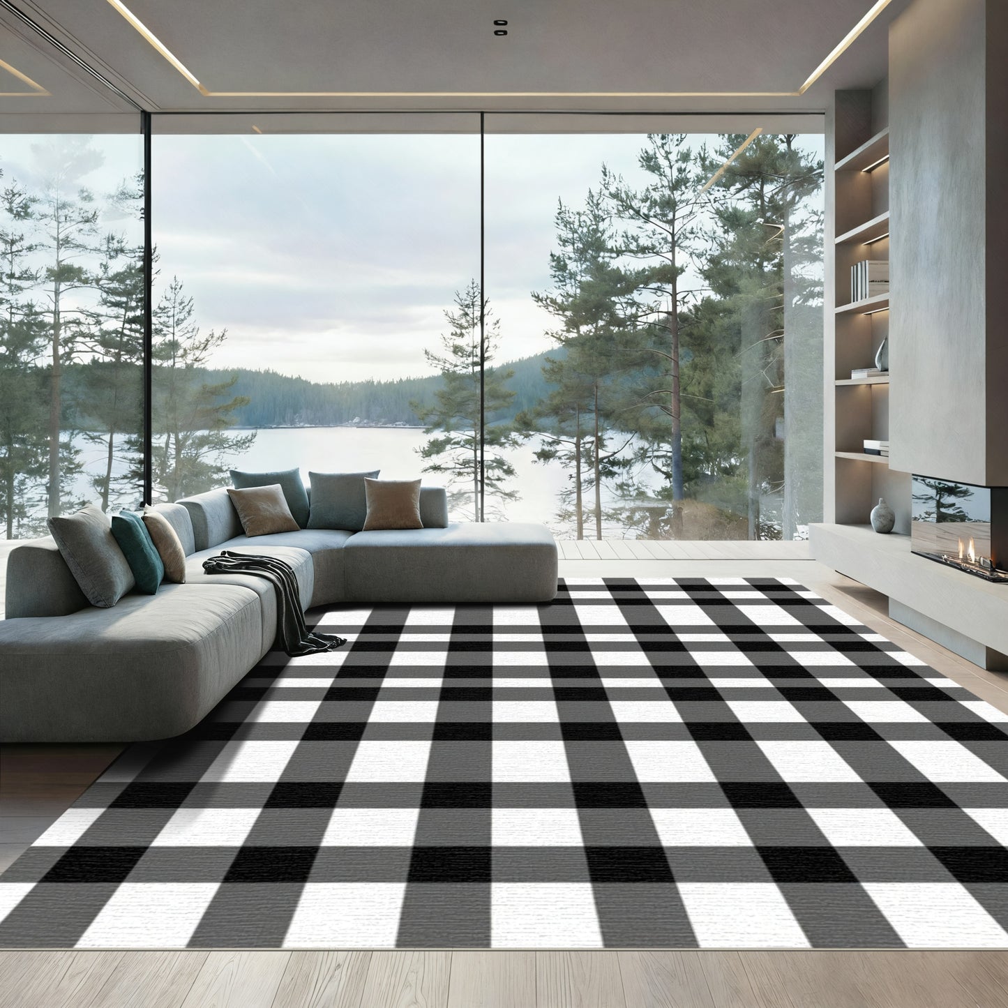 Bold Black White Plaid Check Rug