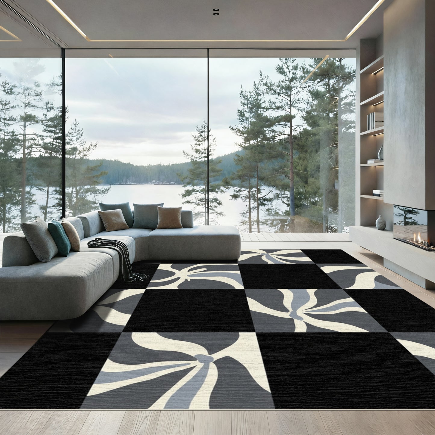 Retro Gray Swirl Checkerboard Rug