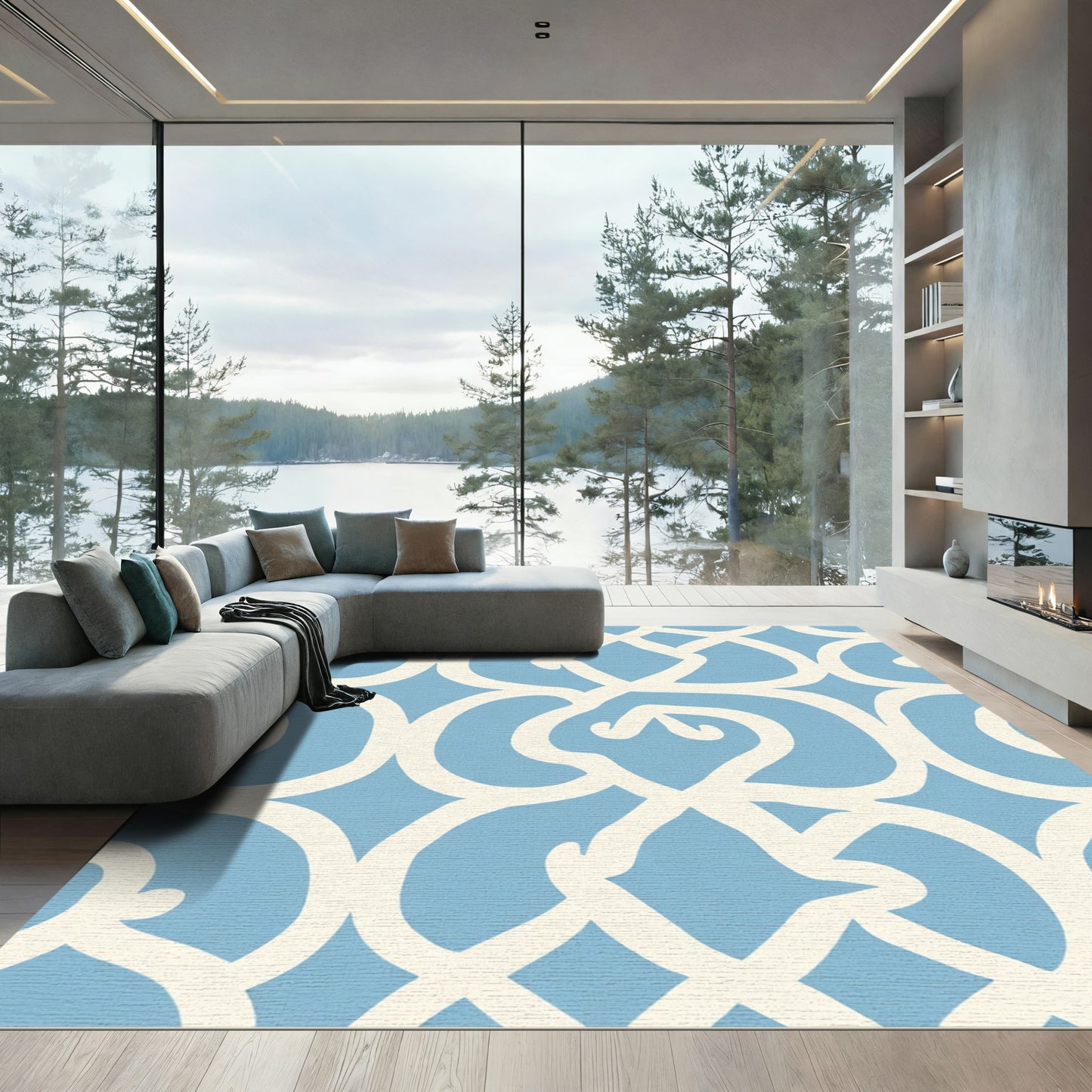 Sky Blue Scrollwork Lattice Rug