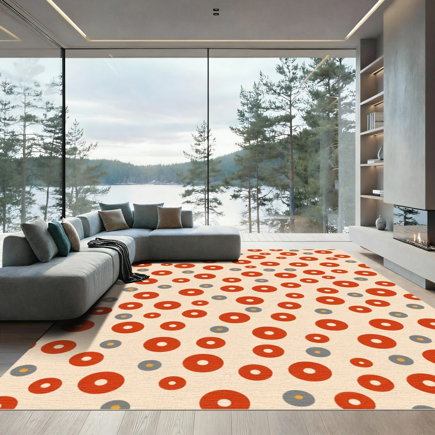 Crimson Circles Grey Accents Cream Field Rug