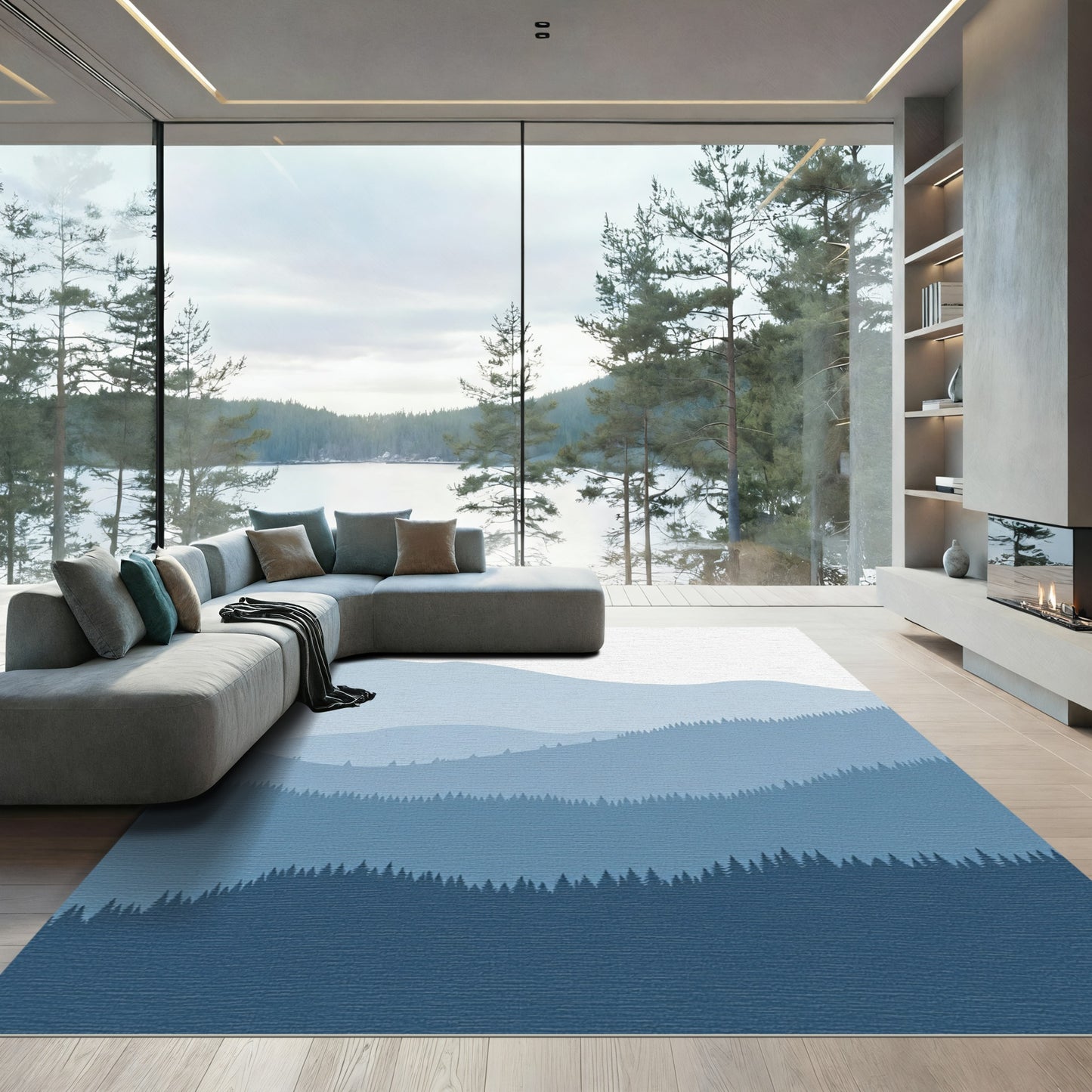 Misty Blue Mountain Forest Layers Rug