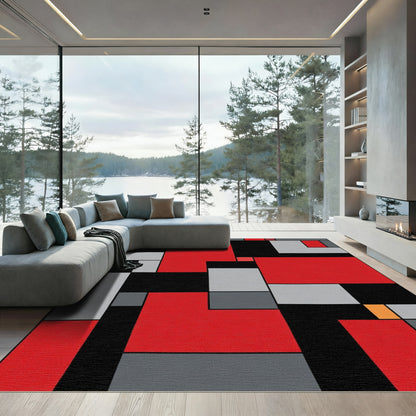 Modern Red Black Geometric Block Rug