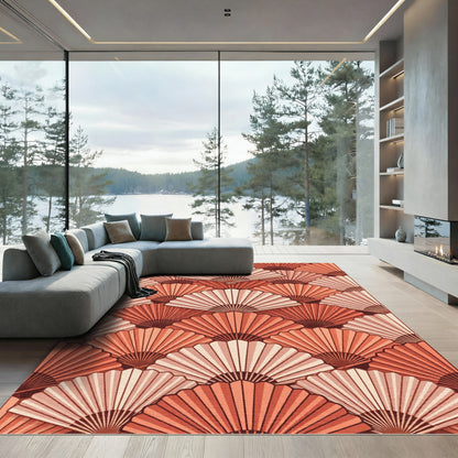 Coral Pink Layered Fan Arrangement Rug