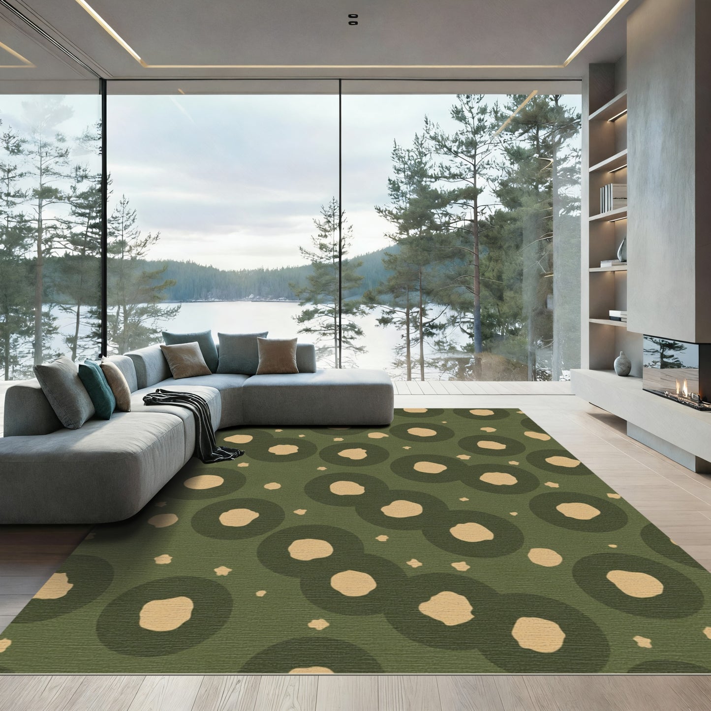 Olive Green Tan Organic Circles Rug