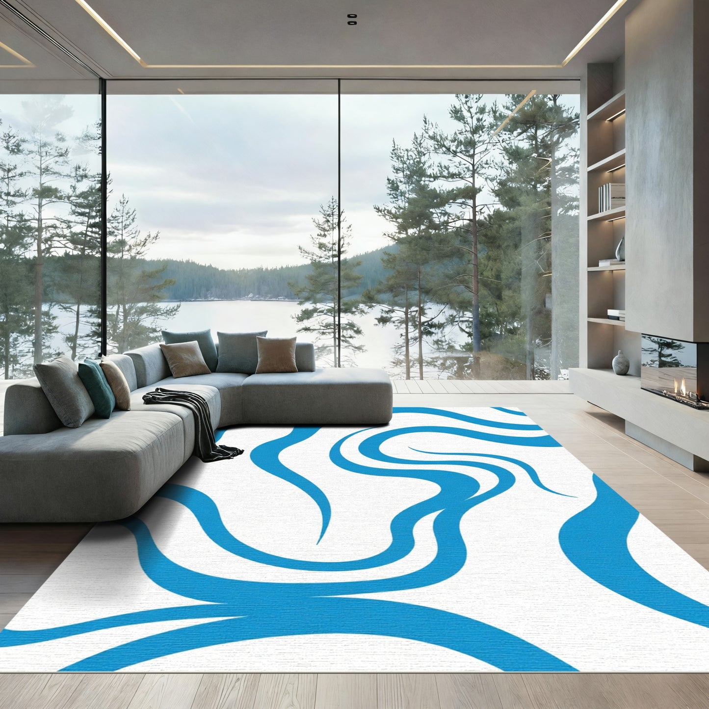 Bright Blue Swirling Abstract Waves Rug